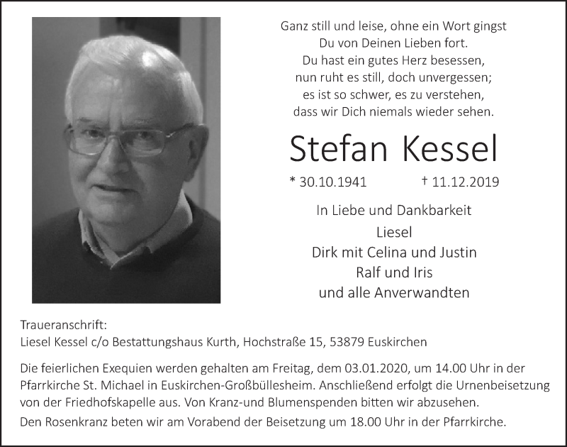 Traueranzeige für Stefan Kessel vom 28.12.2019 aus  Blickpunkt Euskirchen 