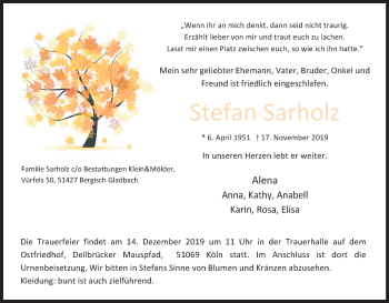 Anzeige von Stefan Sarholz von Kölner Stadt-Anzeiger / Kölnische Rundschau / Express