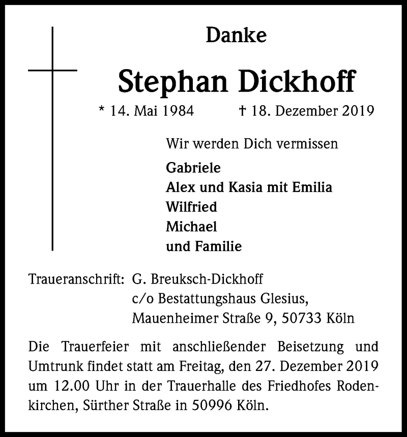  Traueranzeige für Stephan Dickhoff vom 18.07.2023 aus Kölner Stadt-Anzeiger / Kölnische Rundschau / Express