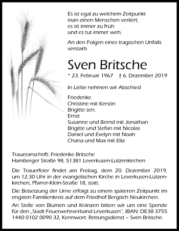Anzeige von Sven Britsche von Kölner Stadt-Anzeiger / Kölnische Rundschau / Express