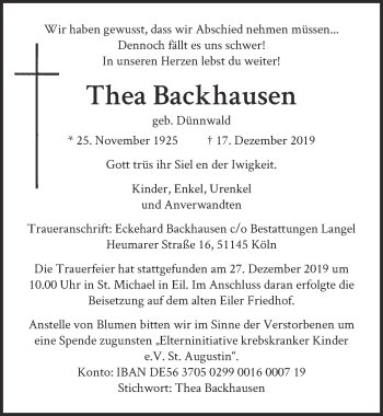 Anzeige von Thea Backhausen von  Kölner Wochenspiegel 