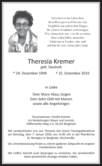 Anzeige von Theresia Kremer von  Werbepost 