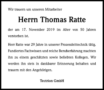 Anzeige von Thomas Ratte von Kölner Stadt-Anzeiger / Kölnische Rundschau / Express