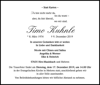 Anzeige von Timo Kuhnle von Kölner Stadt-Anzeiger / Kölnische Rundschau / Express
