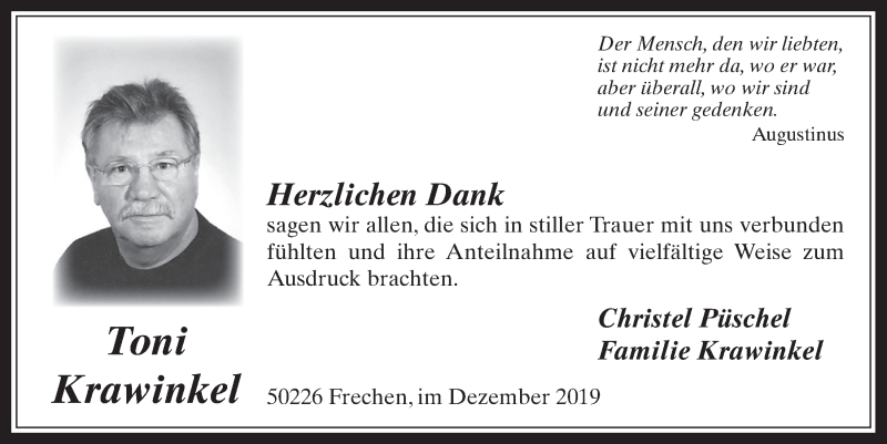  Traueranzeige für Toni Krawinkel vom 18.12.2019 aus  Wochenende 