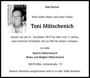 Anzeige von Toni Mütschenich von Kölner Stadt-Anzeiger / Kölnische Rundschau / Express