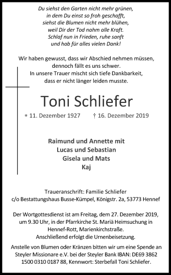Anzeige von Toni Schliefer von Kölner Stadt-Anzeiger / Kölnische Rundschau / Express