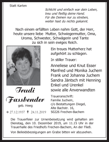Anzeige von Trudi Fassbender von  Wochenende 