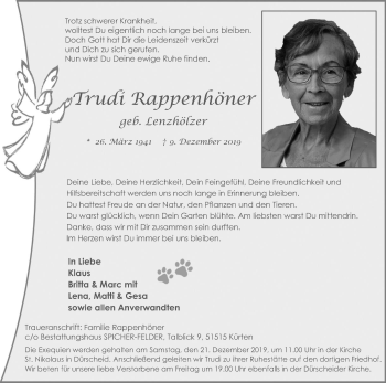 Anzeige von Trudi Rappenhöner von Kölner Stadt-Anzeiger / Kölnische Rundschau / Express