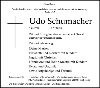 Anzeige von Udo Schumacher von Kölner Stadt-Anzeiger / Kölnische Rundschau / Express