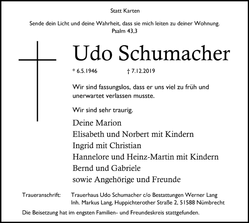  Traueranzeige für Udo Schumacher vom 18.12.2019 aus  Lokalanzeiger 