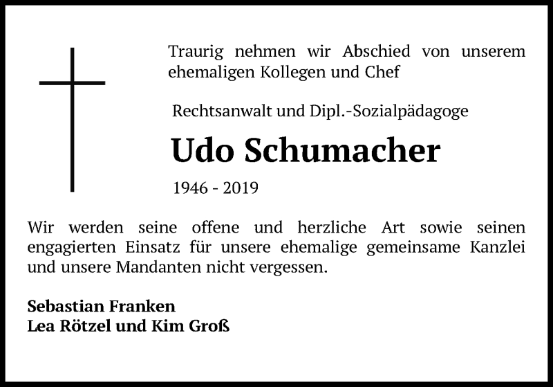  Traueranzeige für Udo Schumacher vom 18.12.2019 aus Kölner Stadt-Anzeiger / Kölnische Rundschau / Express
