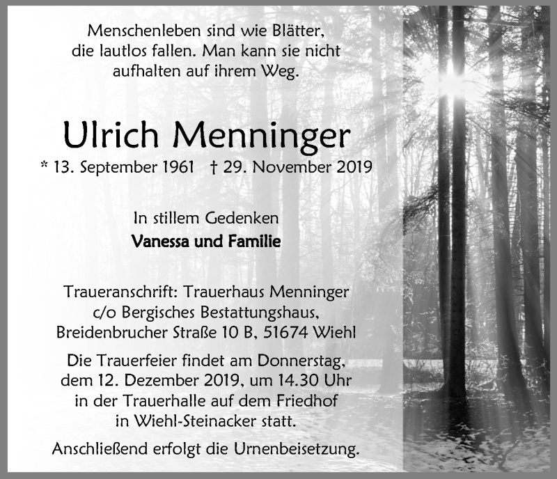  Traueranzeige für Ulrich Menninger vom 07.12.2019 aus Kölner Stadt-Anzeiger / Kölnische Rundschau / Express