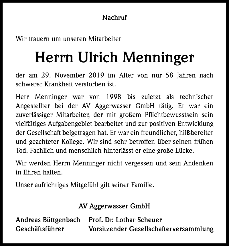  Traueranzeige für Ulrich Menninger vom 11.12.2019 aus Kölner Stadt-Anzeiger / Kölnische Rundschau / Express