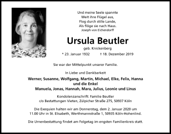 Anzeige von Ursula Beutler von Kölner Stadt-Anzeiger / Kölnische Rundschau / Express