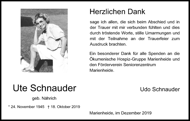  Traueranzeige für Ute Schnauder vom 14.12.2019 aus Kölner Stadt-Anzeiger / Kölnische Rundschau / Express