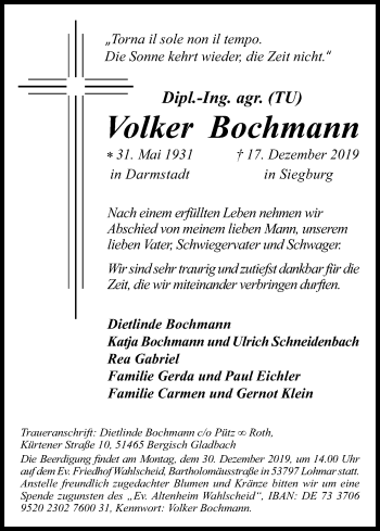 Anzeige von Volker Bochmann von Kölner Stadt-Anzeiger / Kölnische Rundschau / Express