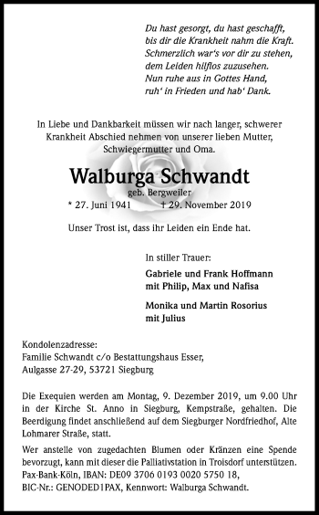 Anzeige von Walburga Schwandt von Kölner Stadt-Anzeiger / Kölnische Rundschau / Express