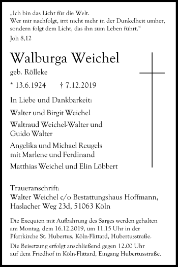 Anzeige von Walburga Weichel von Kölner Stadt-Anzeiger / Kölnische Rundschau / Express