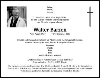 Anzeige von Walter Barzen von Kölner Stadt-Anzeiger / Kölnische Rundschau / Express