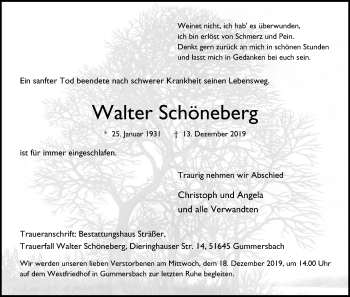 Anzeige von Walter Schöneberg von Kölner Stadt-Anzeiger / Kölnische Rundschau / Express