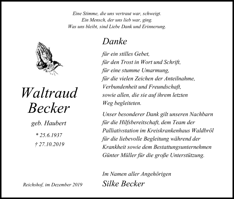  Traueranzeige für Waltraud Becker vom 14.12.2019 aus Kölner Stadt-Anzeiger / Kölnische Rundschau / Express