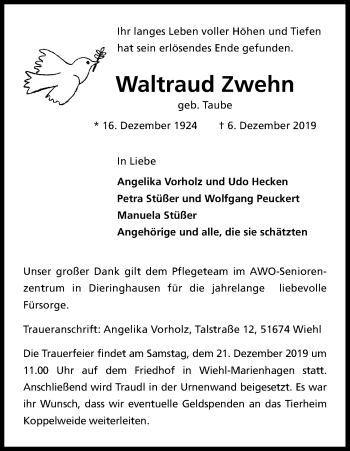 Anzeige von Waltraud Zwehn von Kölner Stadt-Anzeiger / Kölnische Rundschau / Express
