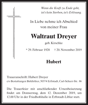 Anzeige von Waltraut Dreyer von  Werbepost 
