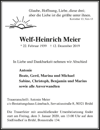 Anzeige von Welf-Heinrich Meier von  Schlossbote/Werbekurier 