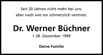 Anzeige von Werner Büchner von Kölner Stadt-Anzeiger / Kölnische Rundschau / Express