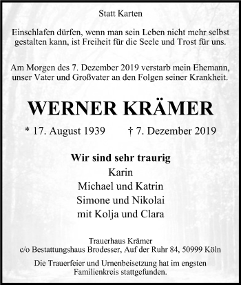 Anzeige von Werner Krämer von Kölner Stadt-Anzeiger / Kölnische Rundschau / Express