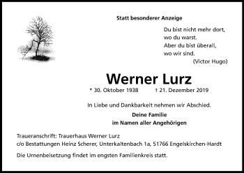 Anzeige von Werner Lurz von Kölner Stadt-Anzeiger / Kölnische Rundschau / Express