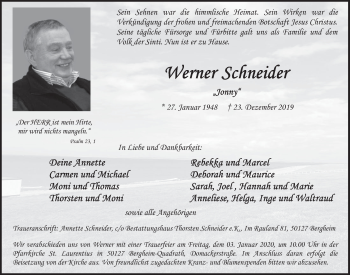 Anzeige von Werner Schneider von  Werbepost 