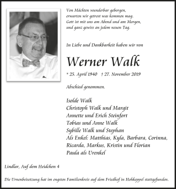 Anzeige von Werner Walk von  Anzeigen Echo 