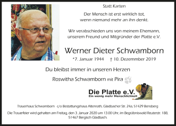 Anzeige von Werner Dieter Schwamborn von  Bergisches Handelsblatt 