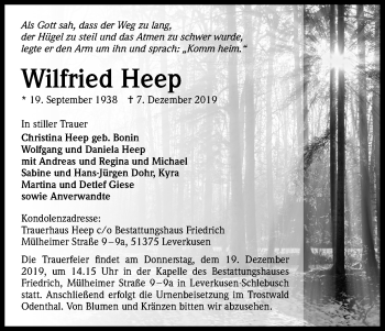 Anzeige von Wilfried Heep von Kölner Stadt-Anzeiger / Kölnische Rundschau / Express