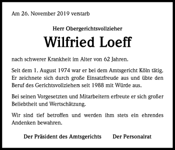 Anzeige von Wilfried Loeff von Kölner Stadt-Anzeiger / Kölnische Rundschau / Express