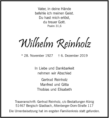Anzeige von Wilhelm Reinholz von  Bergisches Sonntagsblatt 