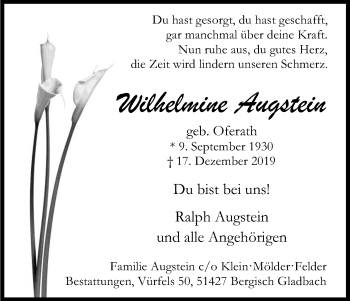 Anzeige von Wilhelmine Augstein von Kölner Stadt-Anzeiger / Kölnische Rundschau / Express