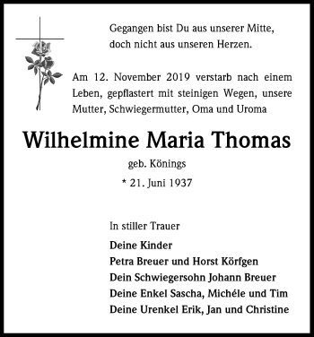 Anzeige von Wilhelmine Maria Thomas von Kölner Stadt-Anzeiger / Kölnische Rundschau / Express