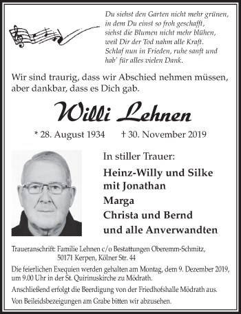 Anzeige von Willi Lehnen von  Sonntags-Post 