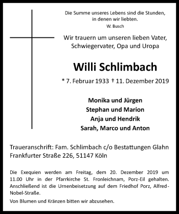 Anzeige von Willi Schlimbach von  Kölner Wochenspiegel 