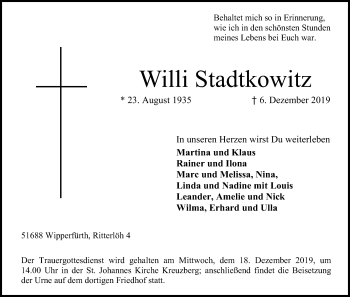 Anzeige von Willi Stadtkowitz von Kölner Stadt-Anzeiger / Kölnische Rundschau / Express