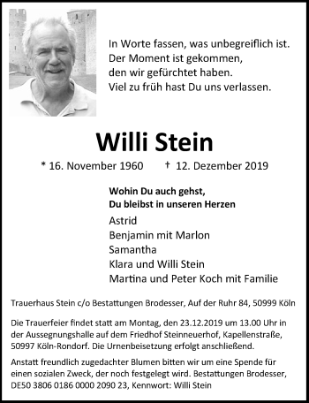 Anzeige von Willi Stein von  Kölner Wochenspiegel  Schlossbote/Werbekurier 