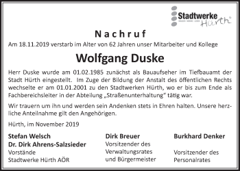 Anzeige von Wolfgang Duske von  Wochenende 