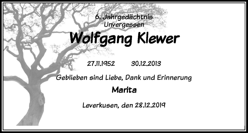  Traueranzeige für Wolfgang Klewer vom 18.07.2023 aus Kölner Stadt-Anzeiger / Kölnische Rundschau / Express