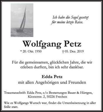 Anzeige von Wolfgang Petz von  Sonntags-Post 