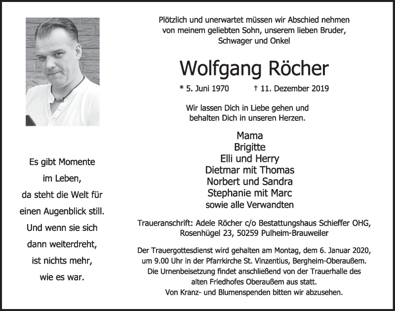  Traueranzeige für Wolfgang Röcher vom 28.12.2019 aus  Sonntags-Post 