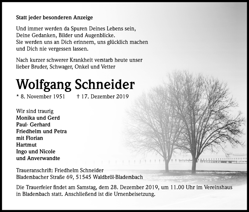  Traueranzeige für Wolfgang Schneider vom 21.12.2019 aus Kölner Stadt-Anzeiger / Kölnische Rundschau / Express