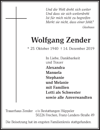 Anzeige von Wolfgang Zender von  Sonntags-Post 